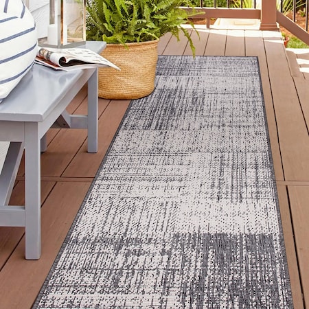 World Rug Gallery Contemporary Distressed Boxes Weather Resistant Indoor/Outdoor Runner Rug 2' x 7' Gray 4032GRAY2X7